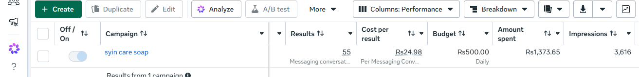 Meta Ads campaign generating 55 messaging conversations